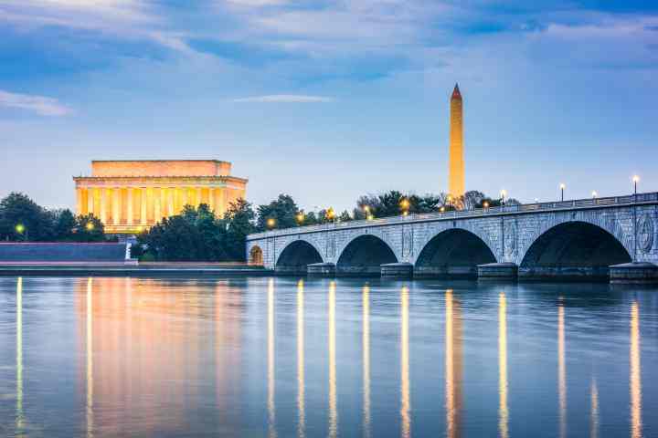 Washington, DC Monuments and Bridge at Sunrise